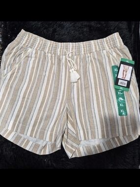 Briggs New York Beige, White, and Blue Striped Drawstring Shorts